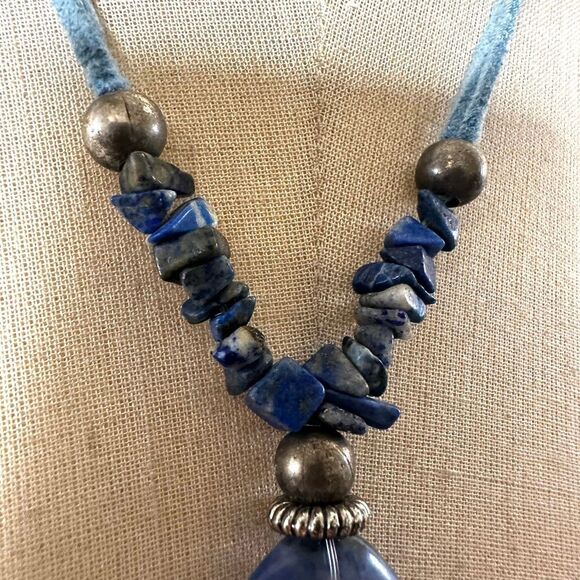 Artisan Blue Sodalite Pendant Necklace on Suede Cord - Picture 3 of 9
